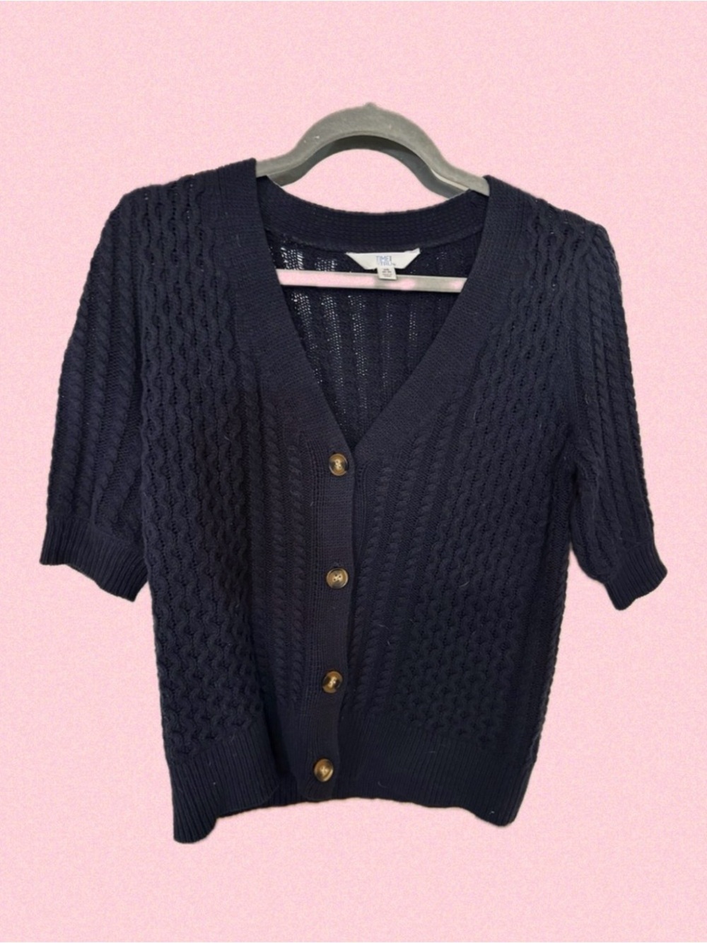 Time and Tru Navy Cable-Knit Button-Front Short Sleeve Cardigan
